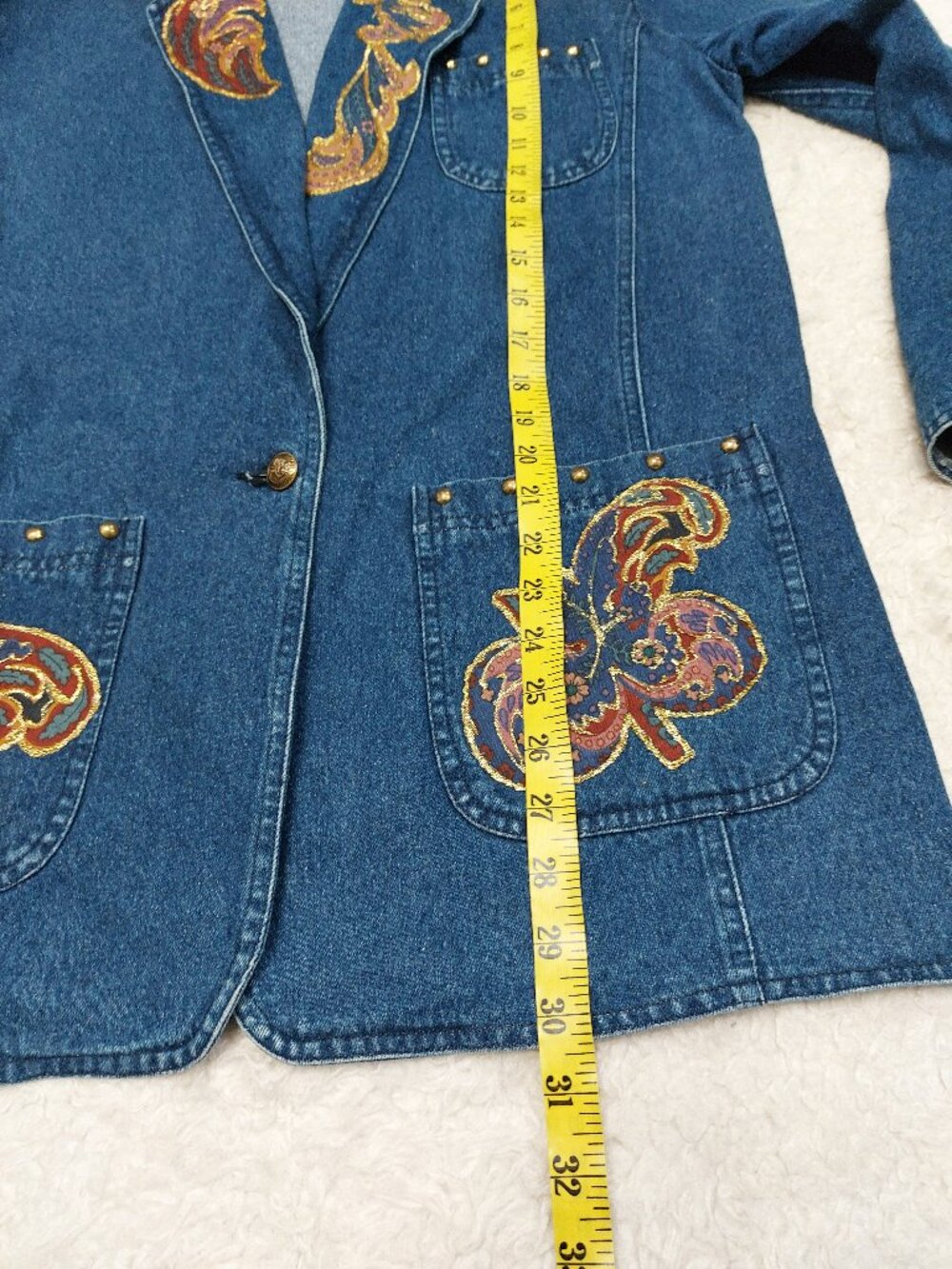 Vintage Bianca Women's Blue Studded Denim Jacket with Embroidered Paisley 10 - Picture 5 of 8